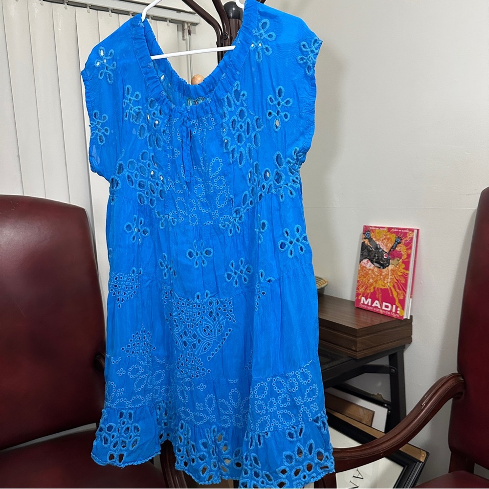 Johnny Was Blue Eyelet Tunic Dress Size L Embroidered Boho Floral Resort coverup